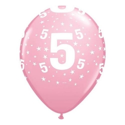 Balony z nadrukiem cyfra 5 różowe 6 szt